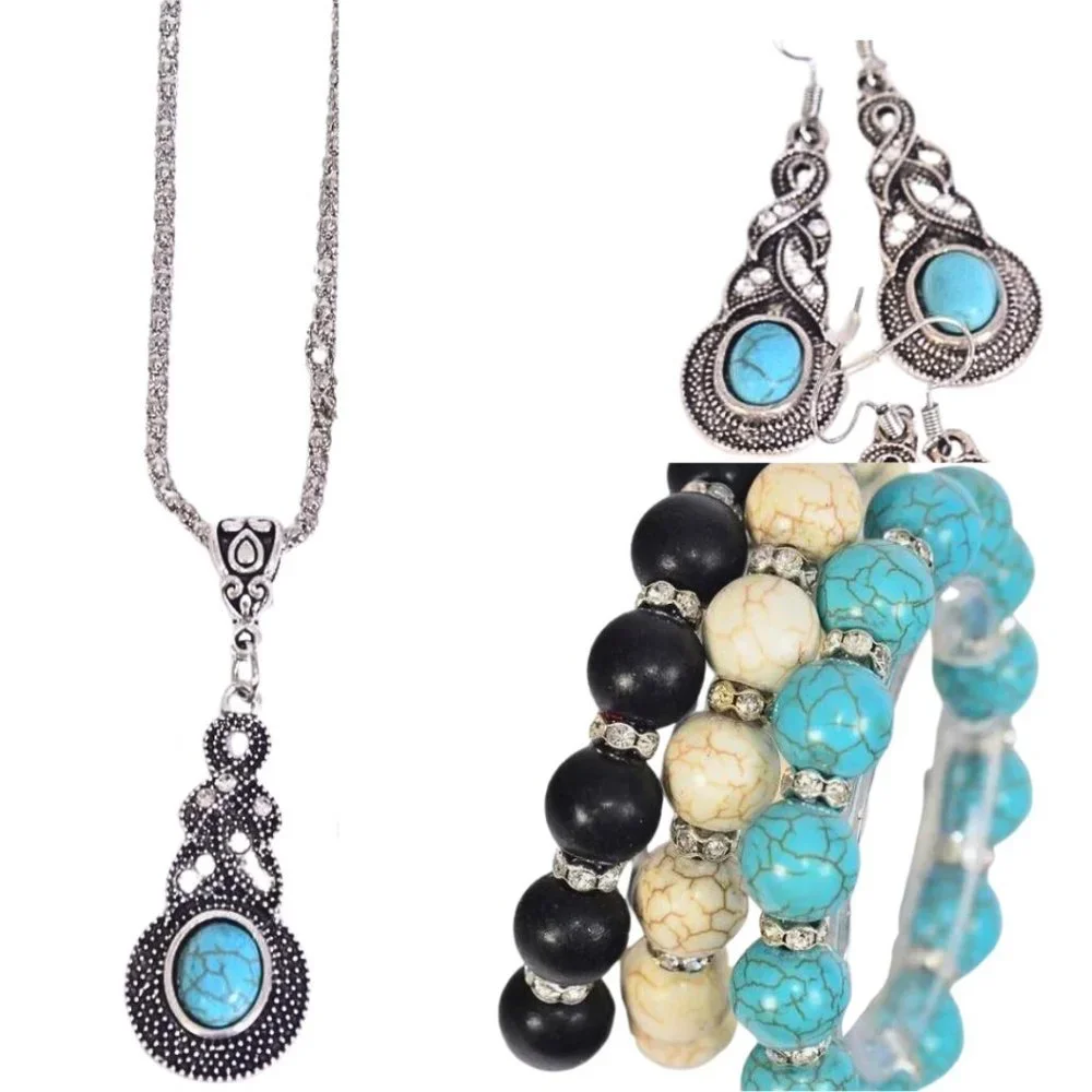 3 Sets of Silver Earrings Bracelet & Necklace Set Natural Stone & Crystals - Picture 5 of 7